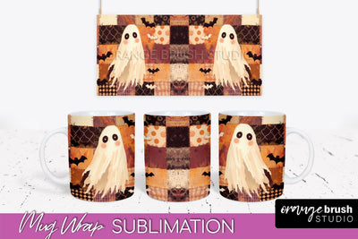 Ghost Mug Wrap - Patchwork Halloween Mug Sublimation Sublimation OrangeBrushStudio 