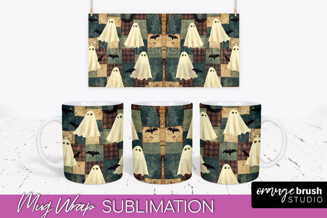 Ghost Mug Wrap - Patchwork Halloween Mug Sublimation Sublimation OrangeBrushStudio 