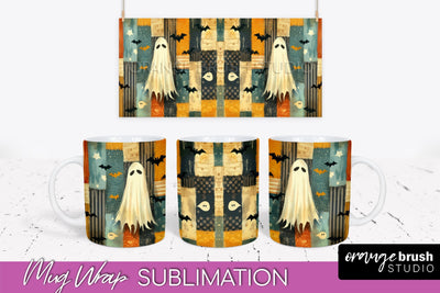 Ghost Mug Wrap - Patchwork Halloween Mug Sublimation Sublimation OrangeBrushStudio 