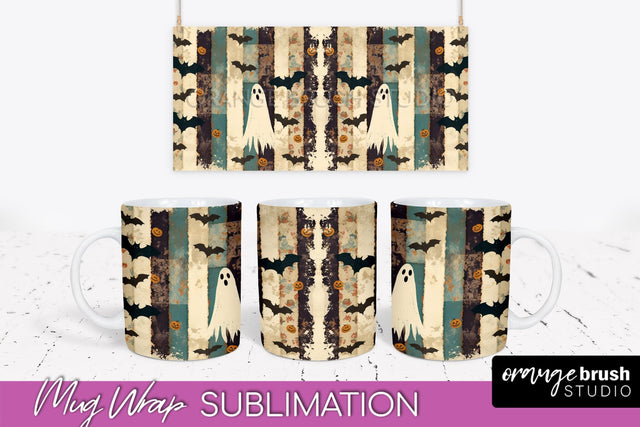 Ghost Mug Wrap - Patchwork Halloween Mug Sublimation Sublimation OrangeBrushStudio 