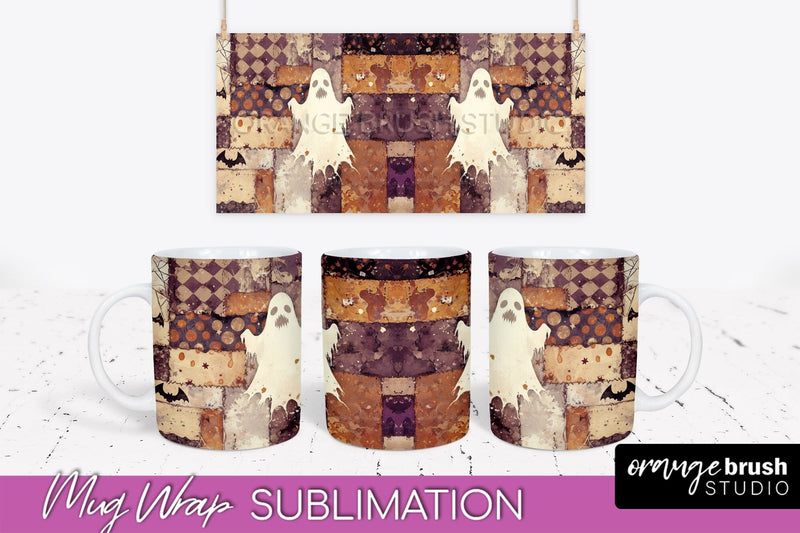 Ghost Mug Wrap - Patchwork Halloween Mug Sublimation Sublimation OrangeBrushStudio 