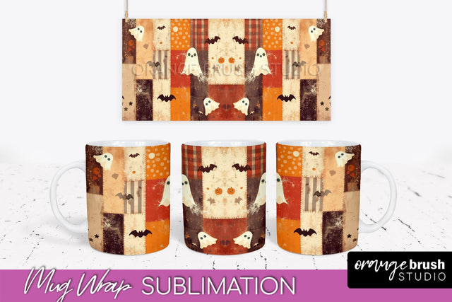 Ghost Mug Wrap - Patchwork Halloween Mug Sublimation Sublimation OrangeBrushStudio 
