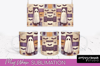 Ghost Mug Wrap - Patchwork Halloween Mug Sublimation Sublimation OrangeBrushStudio 