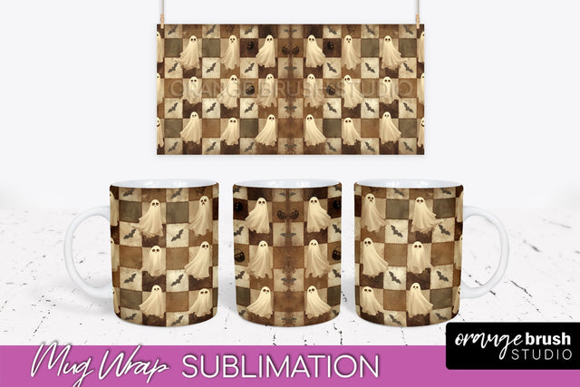 Ghost Mug Wrap - Patchwork Halloween Mug Sublimation Sublimation OrangeBrushStudio 
