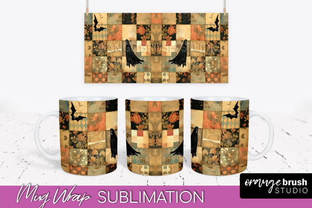 Ghost Mug Wrap - Patchwork Halloween Mug Sublimation Sublimation OrangeBrushStudio 