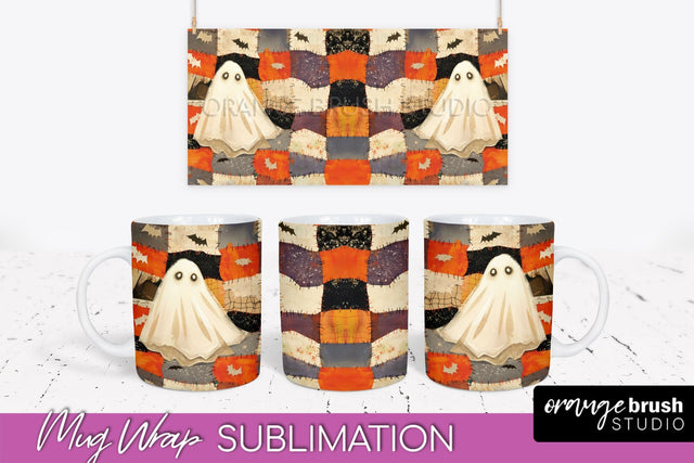 Ghost Mug Wrap - Patchwork Halloween Mug Sublimation Sublimation OrangeBrushStudio 
