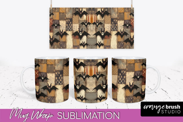 Ghost Mug Wrap - Patchwork Halloween Mug Sublimation Sublimation OrangeBrushStudio 