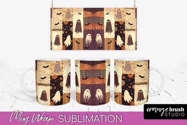 Ghost Mug Wrap - Patchwork Halloween Mug Sublimation Sublimation OrangeBrushStudio 