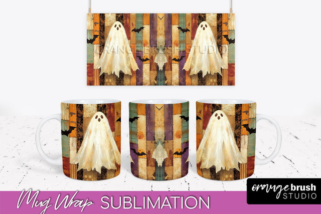Ghost Mug Wrap - Patchwork Halloween Mug Sublimation Sublimation OrangeBrushStudio 