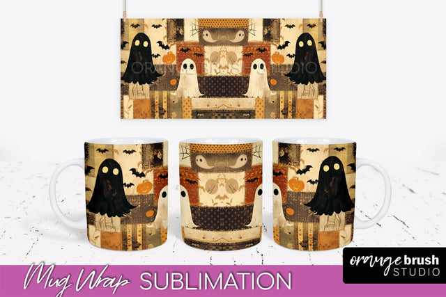 Ghost Mug Wrap - Patchwork Halloween Mug Sublimation Sublimation OrangeBrushStudio 