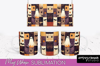 Ghost Mug Wrap - Patchwork Halloween Mug Sublimation Sublimation OrangeBrushStudio 