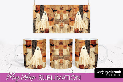 Ghost Mug Wrap - Patchwork Halloween Mug Sublimation Sublimation OrangeBrushStudio 