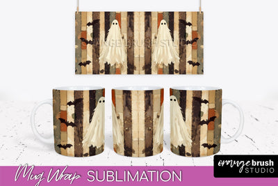 Ghost Mug Wrap - Patchwork Halloween Mug Sublimation Sublimation OrangeBrushStudio 