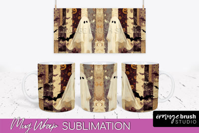 Ghost Mug Wrap - Patchwork Halloween Mug Sublimation Sublimation OrangeBrushStudio 