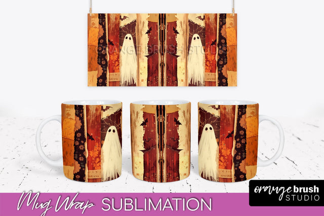 Ghost Mug Wrap - Patchwork Halloween Mug Sublimation Sublimation OrangeBrushStudio 