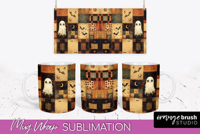 Ghost Mug Wrap - Patchwork Halloween Mug Sublimation Sublimation OrangeBrushStudio 