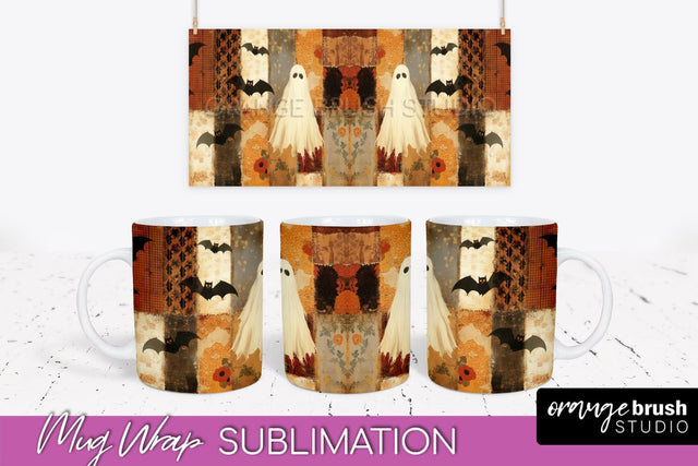 Ghost Mug Wrap - Patchwork Halloween Mug Sublimation Sublimation OrangeBrushStudio 