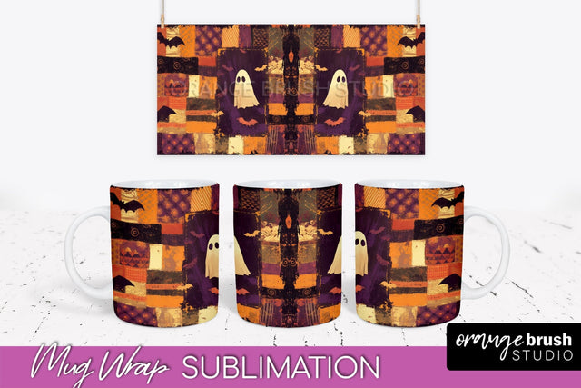 Ghost Mug Wrap - Patchwork Halloween Mug Sublimation Sublimation OrangeBrushStudio 