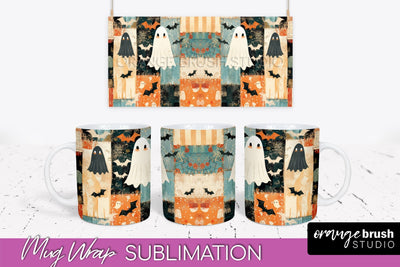 Ghost Mug Wrap - Patchwork Halloween Mug Sublimation Sublimation OrangeBrushStudio 