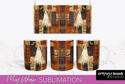 Ghost Mug Wrap - Patchwork Halloween Mug Sublimation Sublimation OrangeBrushStudio 