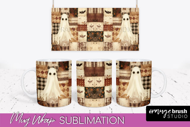 Ghost Mug Wrap - Patchwork Halloween Mug Sublimation Sublimation OrangeBrushStudio 