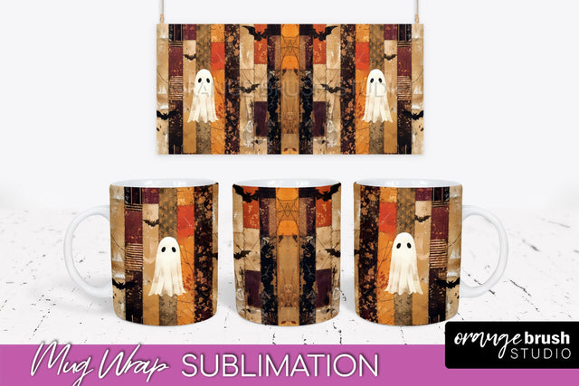 Ghost Mug Wrap - Patchwork Halloween Mug Sublimation Sublimation OrangeBrushStudio 
