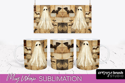 Ghost Mug Wrap - Patchwork Halloween Mug Sublimation Sublimation OrangeBrushStudio 
