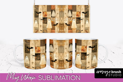 Ghost Mug Wrap - Patchwork Halloween Mug Sublimation Sublimation OrangeBrushStudio 