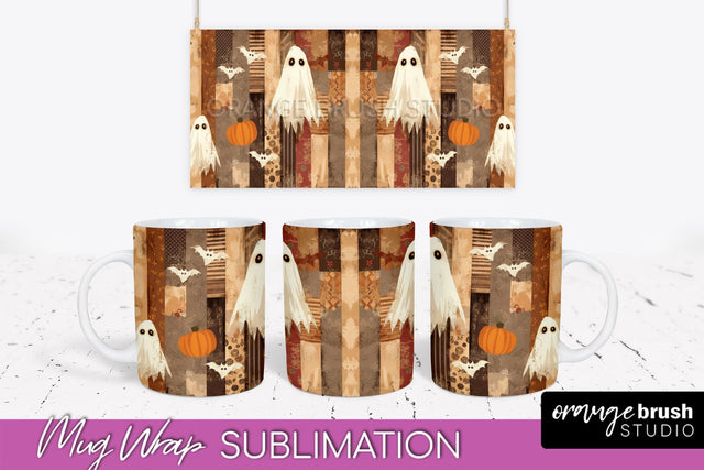 Ghost Mug Wrap - Patchwork Halloween Mug Sublimation Sublimation OrangeBrushStudio 
