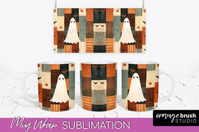 Ghost Mug Wrap - Patchwork Halloween Mug Sublimation Sublimation OrangeBrushStudio 