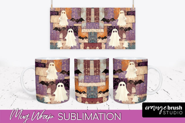 Ghost Mug Wrap - Patchwork Halloween Mug Sublimation Sublimation OrangeBrushStudio 