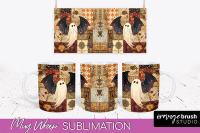 Ghost Mug Wrap - Patchwork Halloween Mug Sublimation Sublimation OrangeBrushStudio 