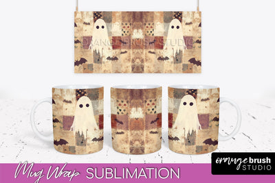 Ghost Mug Wrap - Patchwork Halloween Mug Sublimation Sublimation OrangeBrushStudio 