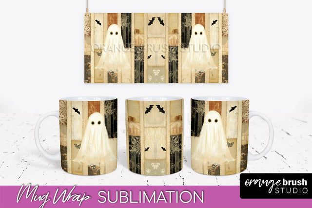 Ghost Mug Wrap - Patchwork Halloween Mug Sublimation Sublimation OrangeBrushStudio 