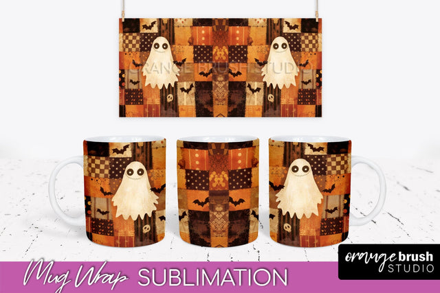 Ghost Mug Wrap - Patchwork Halloween Mug Sublimation Sublimation OrangeBrushStudio 