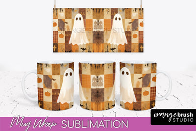 Ghost Mug Wrap - Patchwork Halloween Mug Sublimation Sublimation OrangeBrushStudio 