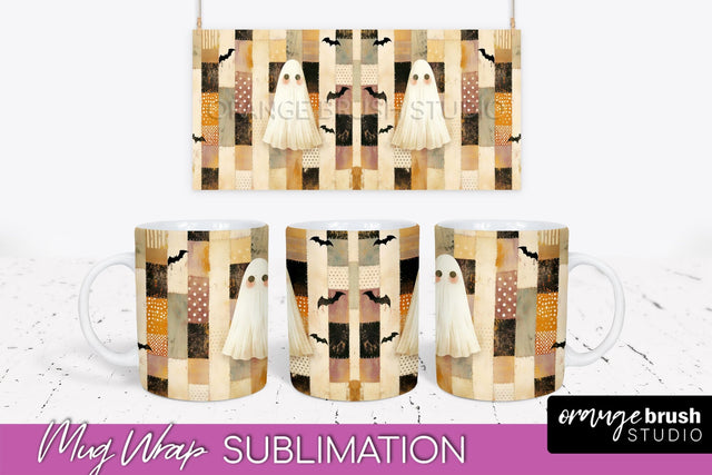 Ghost Mug Wrap - Patchwork Halloween Mug Sublimation Sublimation OrangeBrushStudio 