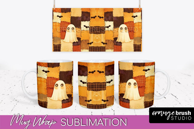 Ghost Mug Wrap - Patchwork Halloween Mug Sublimation Sublimation OrangeBrushStudio 