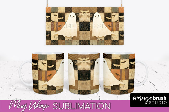 Ghost Mug Wrap - Patchwork Halloween Mug Sublimation Sublimation OrangeBrushStudio 