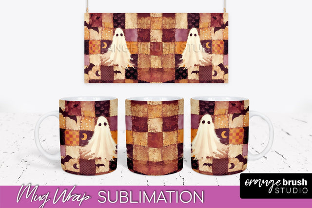 Ghost Mug Wrap - Patchwork Halloween Mug Sublimation Sublimation OrangeBrushStudio 