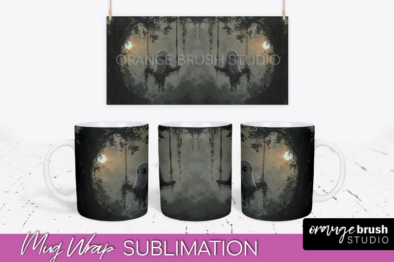 Ghost Mug Wrap - Vintage Halloween Mug Sublimation Design Sublimation OrangeBrushStudio 