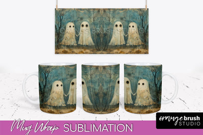 Ghost Mug Wrap - Vintage Halloween Mug Sublimation Design Sublimation OrangeBrushStudio 