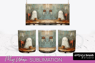 Ghost Mug Wrap - Vintage Halloween Mug Sublimation Design Sublimation OrangeBrushStudio 