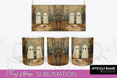 Ghost Mug Wrap - Vintage Halloween Mug Sublimation Design Sublimation OrangeBrushStudio 