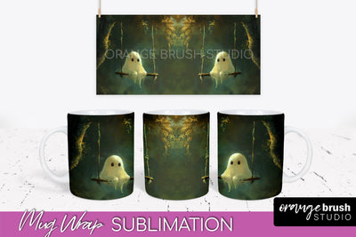 Ghost Mug Wrap - Vintage Halloween Mug Sublimation Design Sublimation OrangeBrushStudio 