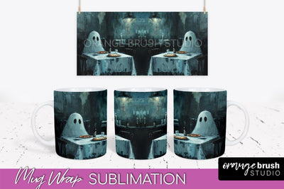 Ghost Mug Wrap - Vintage Halloween Mug Sublimation Design Sublimation OrangeBrushStudio 