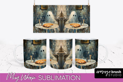 Ghost Mug Wrap - Vintage Halloween Mug Sublimation Design Sublimation OrangeBrushStudio 