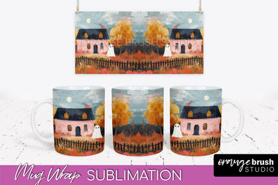 Ghost Mug Wrap - Vintage Halloween Mug Sublimation Design Sublimation OrangeBrushStudio 
