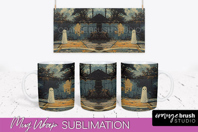 Ghost Mug Wrap - Vintage Halloween Mug Sublimation Design Sublimation OrangeBrushStudio 