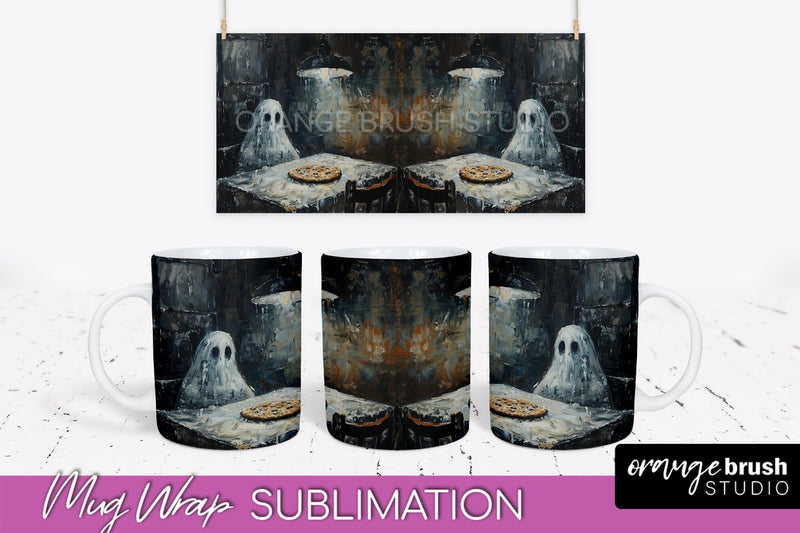 Ghost Mug Wrap - Vintage Halloween Mug Sublimation Design Sublimation OrangeBrushStudio 